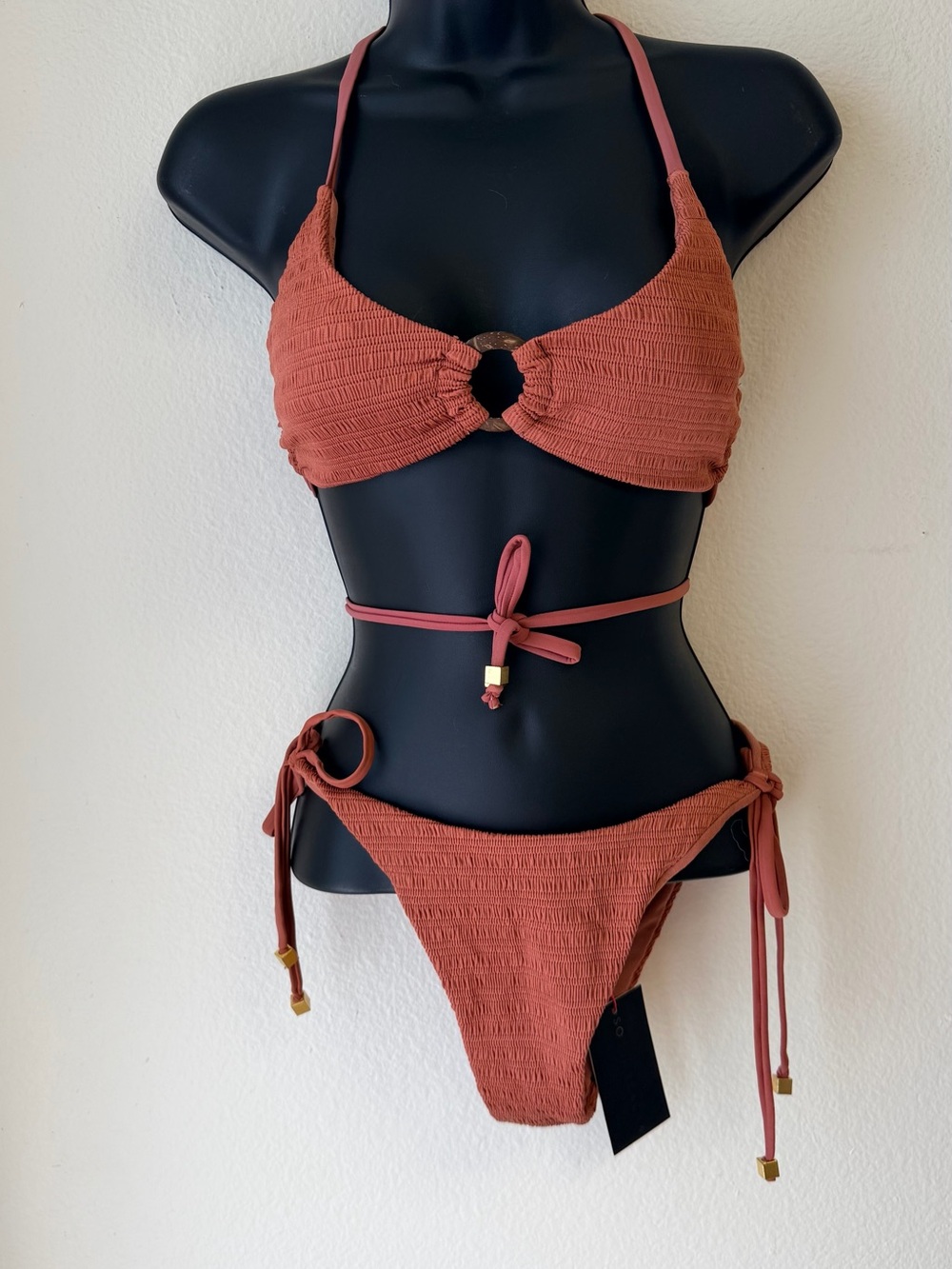 Women’s Rust Textured Ring-Front Tie Bikini